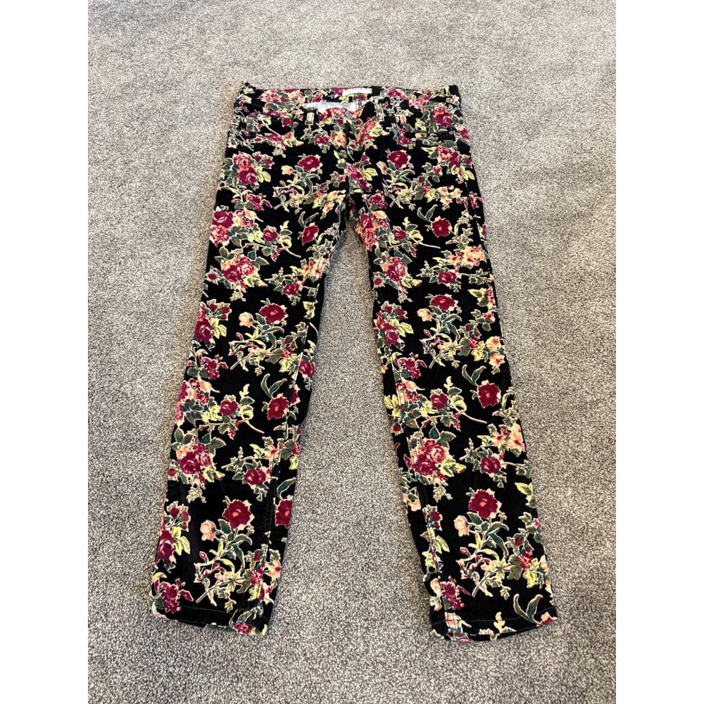 Free People Black Floral Corduroy Slim Fit Pants Size 31 Boho Tapered Leg